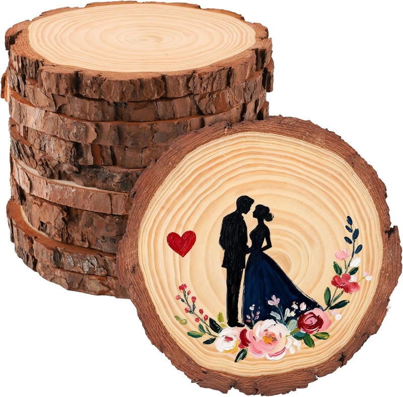 FSWCCK 10 Pack Nature Unfinished Round Wood Slices, 7-7.8 Inches Wooden Circle, Large Wood Slabs for Weddings Centerpieces Decor and DIY Painting Crafts (7"-7.8") - Image 1